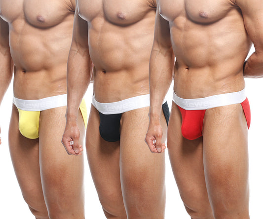 Three men’s athletic briefs in yellow black and red with white elastic waistbands from metromalewear asian bikini 3pack 3004-3pk