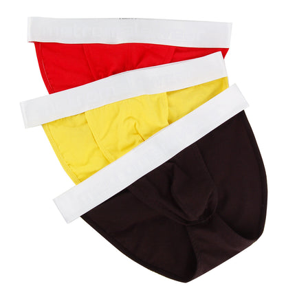 Three pairs of MetroMaleWear Asian bikini briefs in red yellow and dark brown with white elastic waistbands