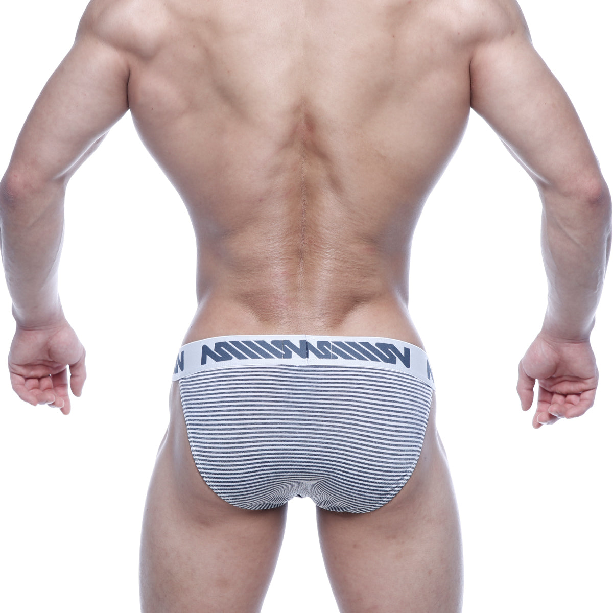 Gray and white striped men’s briefs with bold black logo waistband from metromalewear asian bikini gray stripe 3004-46