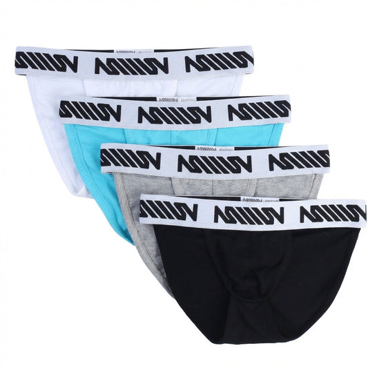 Set of four MetroMaleWear cotton bikinis in white turquoise heather gray and black with bold logo waistbands