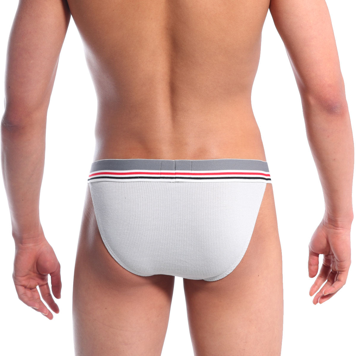 White ribbed briefs with gray waistband and red black stripes from metromalewear canon bikini gray 3004-50 collection