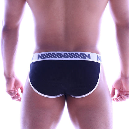 Black cotton ribbed MetroMaleWear athletic briefs with a white elastic waistband and dark blue logo pattern