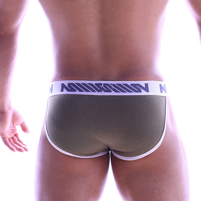 Metro male wear cotton ribbed khaki bikini briefs with white trim and navy mission waistband for men