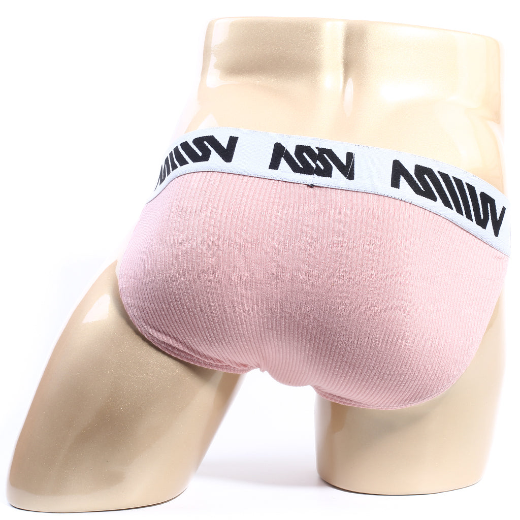 Pink cotton ribbed briefs with white elastic waistband featuring black nosv lettering from MetroMaleWear