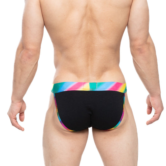 Black swim trunks with vibrant rainbow-striped waistband and side trim from metromalewear new pride bikini 3004-58
