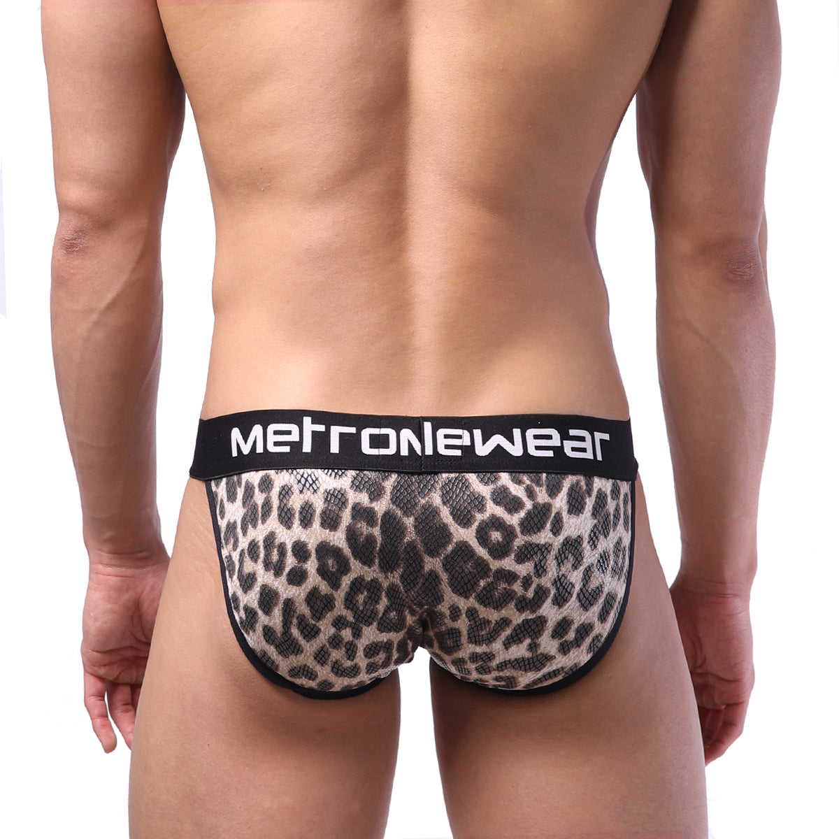 Metro male wear animal bikini brown leopard print mesh briefs with black logo waistband metro male wear 3004-60