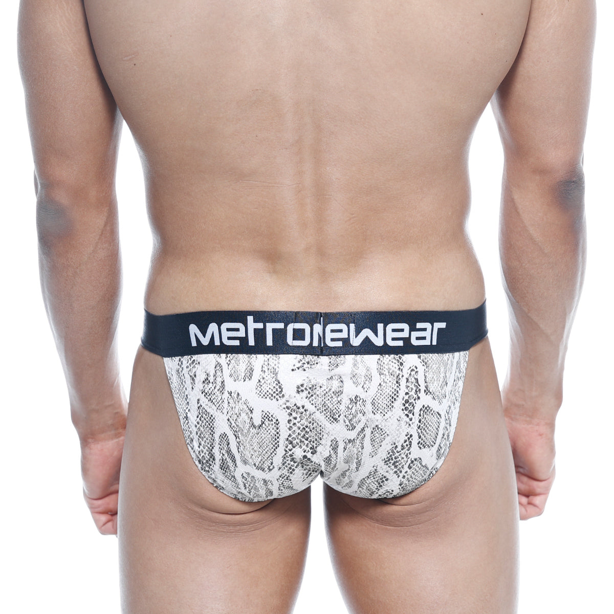 White and gray snake-print briefs with black metrowear waistband from metromalewear animal bikini beige 3004-62 collection