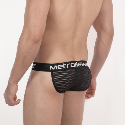 Black mesh fishnet bikini briefs with white metronewer logo on waistband from metromalewear model 3004-66