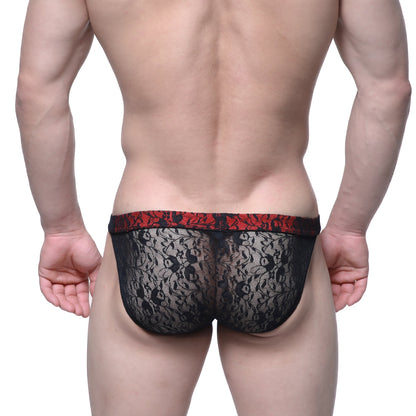 MetroMaleWear Spy Glass Bikini black lace briefs with a red floral patterned waistband for stylish comfort