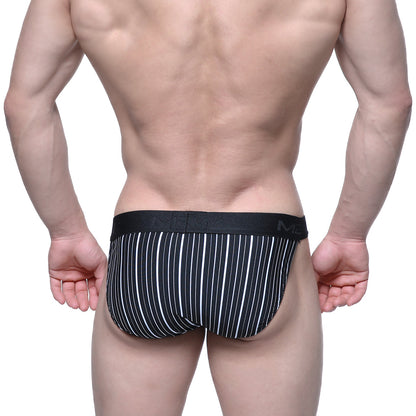 Black and white vertically striped men’s briefs with black waistband and mema logo from MetroMaleWear Asian Bikini Austin 3004-85