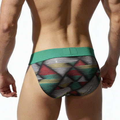 MetroMaleWear Cebada Bikini 3004-86 green and multicolored geometric patterned men’s briefs with solid green waistband