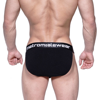 Black cotton ribbed briefs with metromalewear logo on waistband metro male wear cotton rib bulge bikini 3004-b20