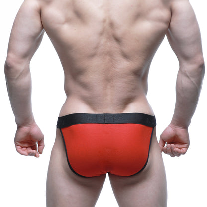 Red and black MetroMaleWear contrast bikini briefs with sleek form-fitting design for stylish male underwear
