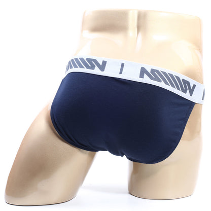 MetroMalewear olla bikini 3004-d28 navy blue briefs with white elastic waistband and gray lettering