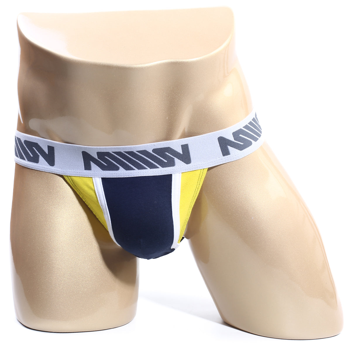 Navy and yellow athletic briefs with white elastic waistband featuring gray m logos by metromalewear olla bikini 3004-d28