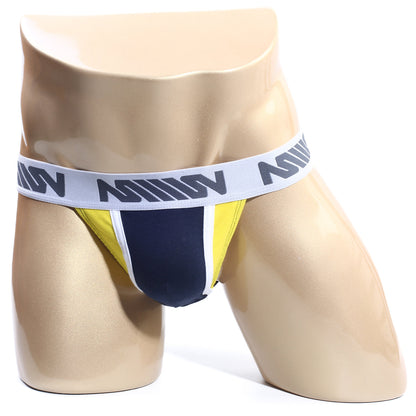 Navy and yellow athletic briefs with white elastic waistband featuring gray m logos by metromalewear olla bikini 3004-d28
