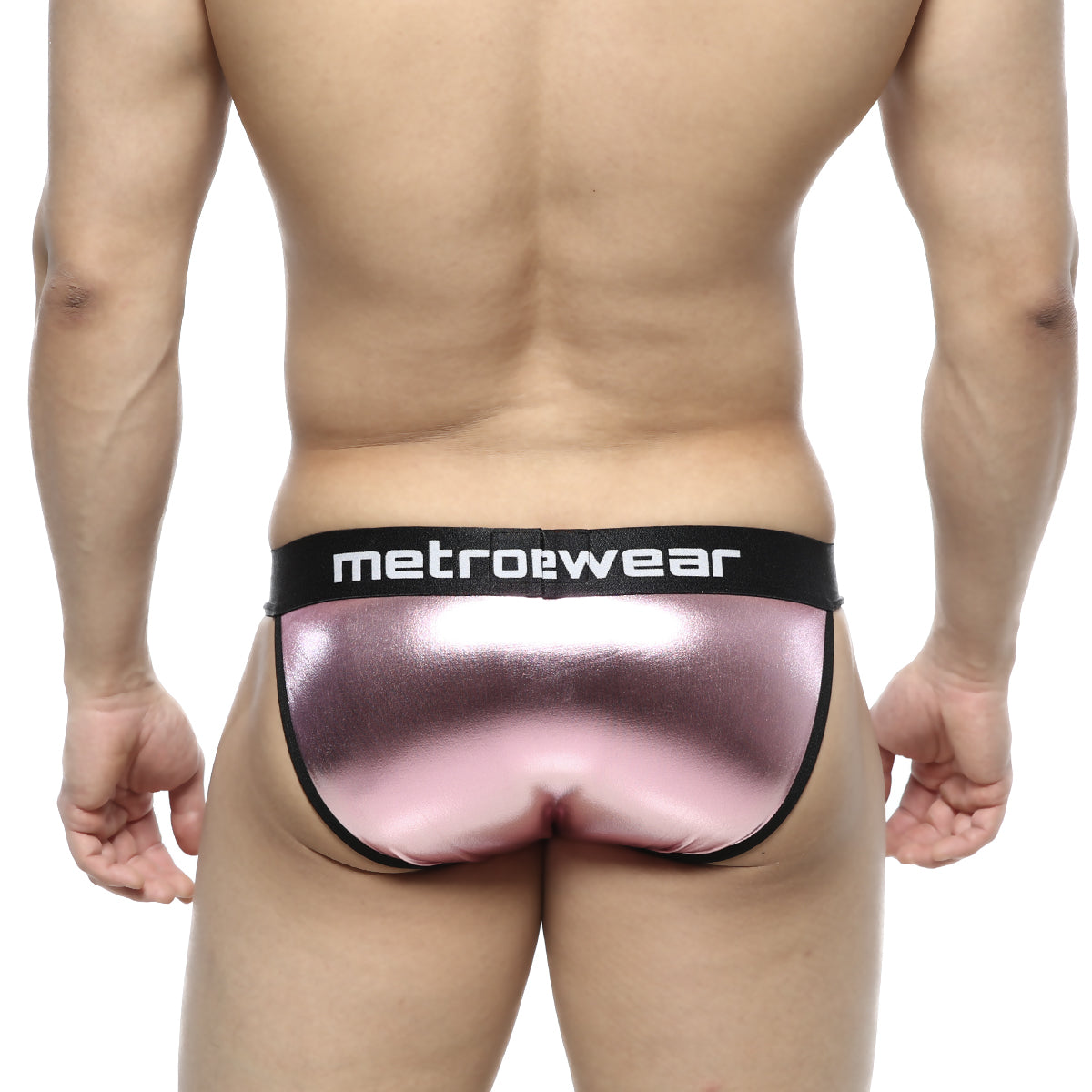 Pink metallic leather briefs with black metrowear waistband from metromalewear leather bikini 3004-F02 collection
