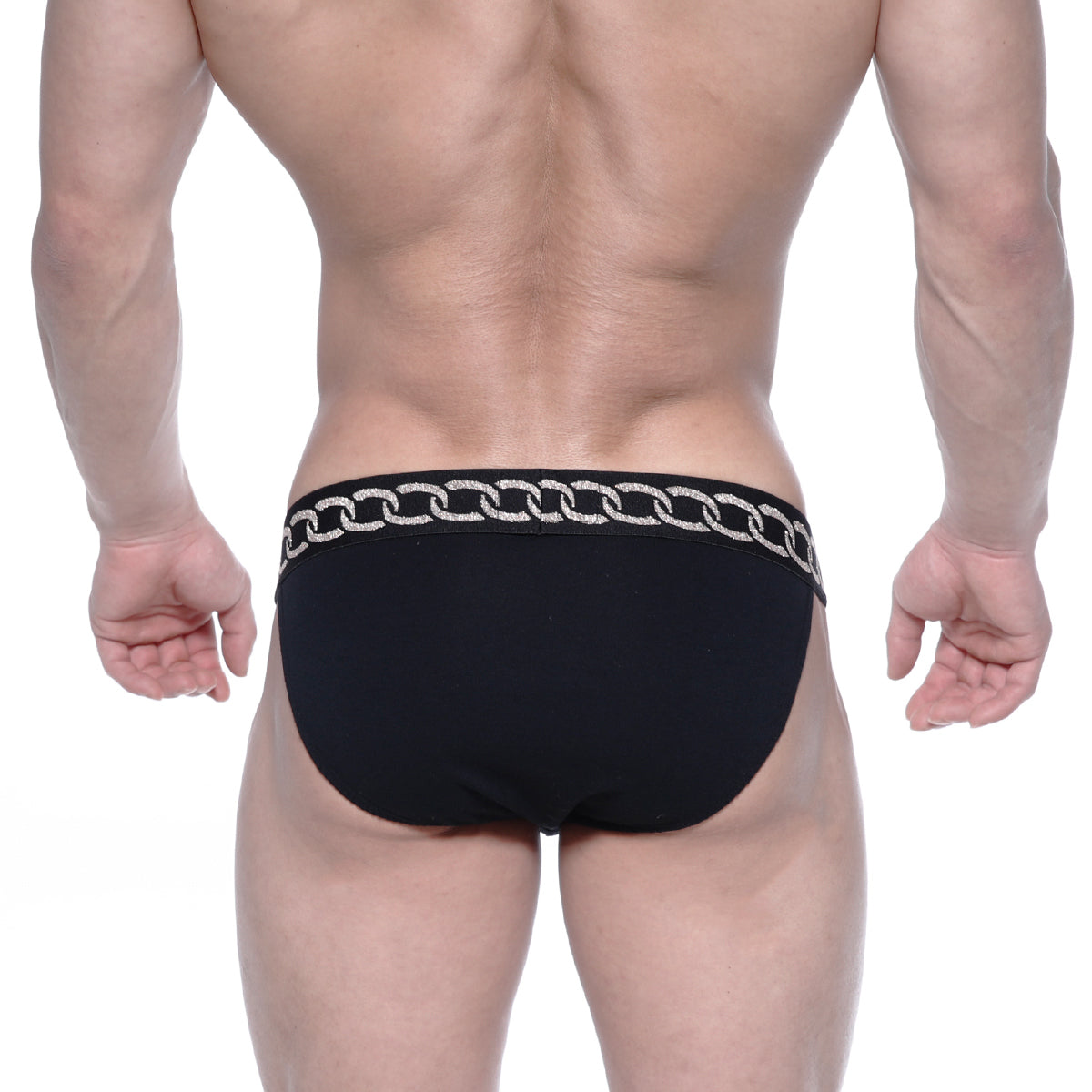 Black briefs with a silver chain-link waistband from metromalewear asian bikini metal black 3004-m20 collection