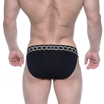 Black briefs with a silver chain-link waistband from metromalewear asian bikini metal black 3004-m20 collection