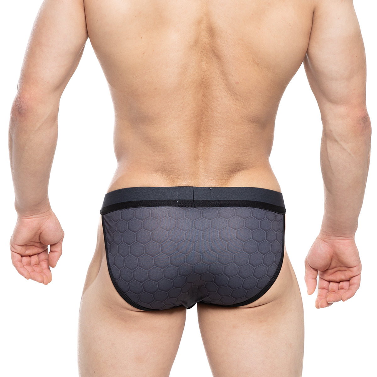 MetroMaleWear Armour Sports Bikini 3004-M41 black hexagonal patterned swim trunks with solid black waistband
