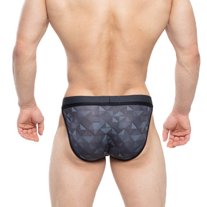 MetroMaleWear fractal sports bikini 3004-M42 black geometric patterned men’s briefs with sheer mesh fabric and solid waistband