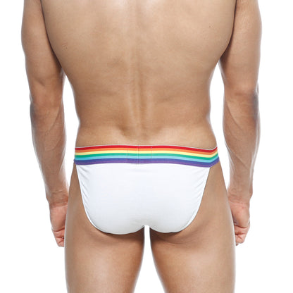 White briefs with a rainbow-colored elastic waistband from MetroMaleWear Pride Bikini white 3004-R00 collection