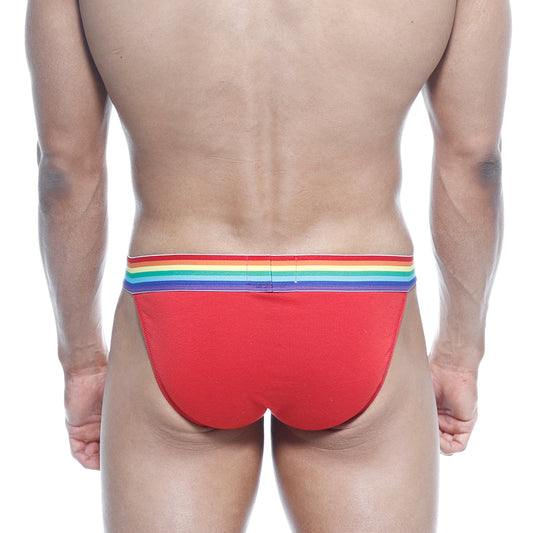 Red metroMalewear pride bikini briefs with rainbow-striped waistband made for comfortable wear