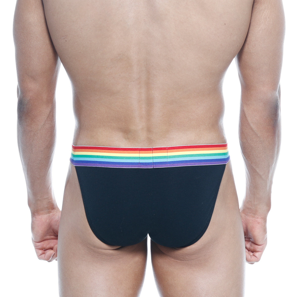 Black briefs with rainbow-striped elastic waistband from metromalewear pride bikini black 3004-r20 collection