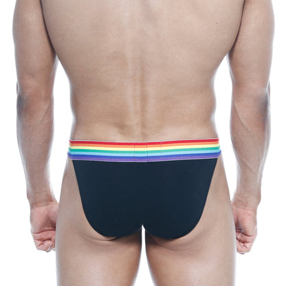 Black briefs with rainbow-striped elastic waistband from metromalewear pride bikini black 3004-r20 collection