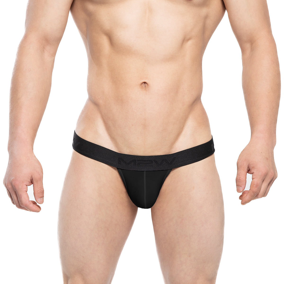 Black men’s thong bikini with narrow waistband featuring subtle men branding metro-malewear ostion black 3005-20