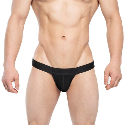 Black men’s thong bikini with narrow waistband featuring subtle men branding metro-malewear ostion black 3005-20