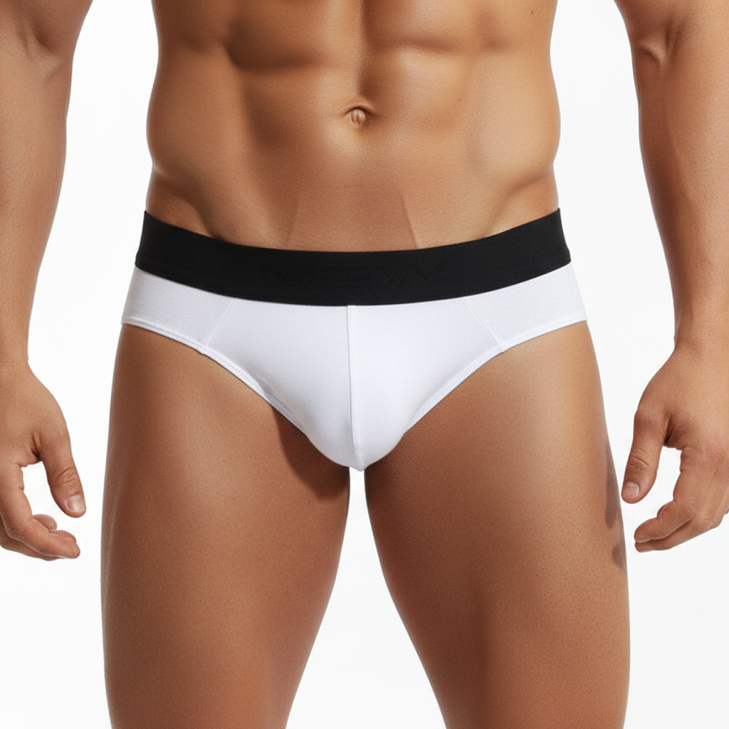 White cotton metro malewear hip briefs with black waistband for comfortable everyday wear