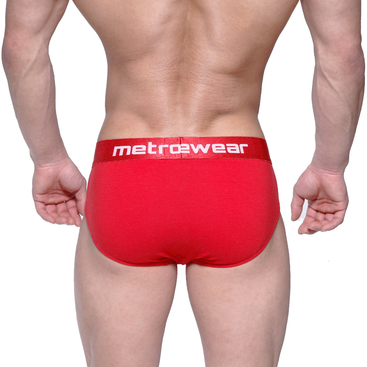 Red metrowear briefs featuring a white logo waistband designed for comfort and style in crimson finish