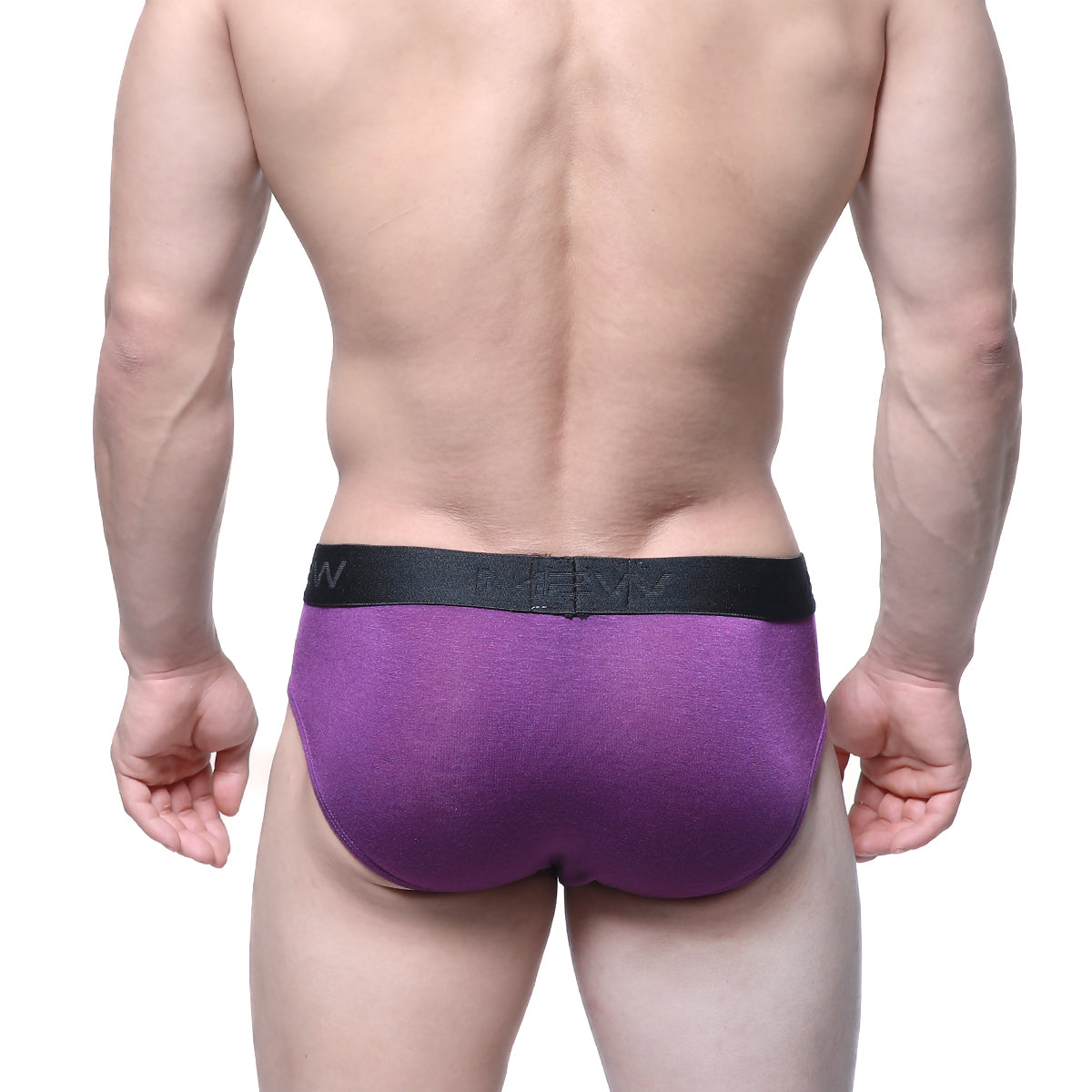 Purple cotton hip briefs with a black elastic waistband featuring men branding from metromalewear grape 3006-19