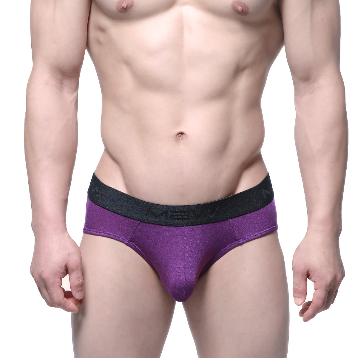 Purple cotton metro malewear hip brief with black elastic waistband and mean branding in white lettering