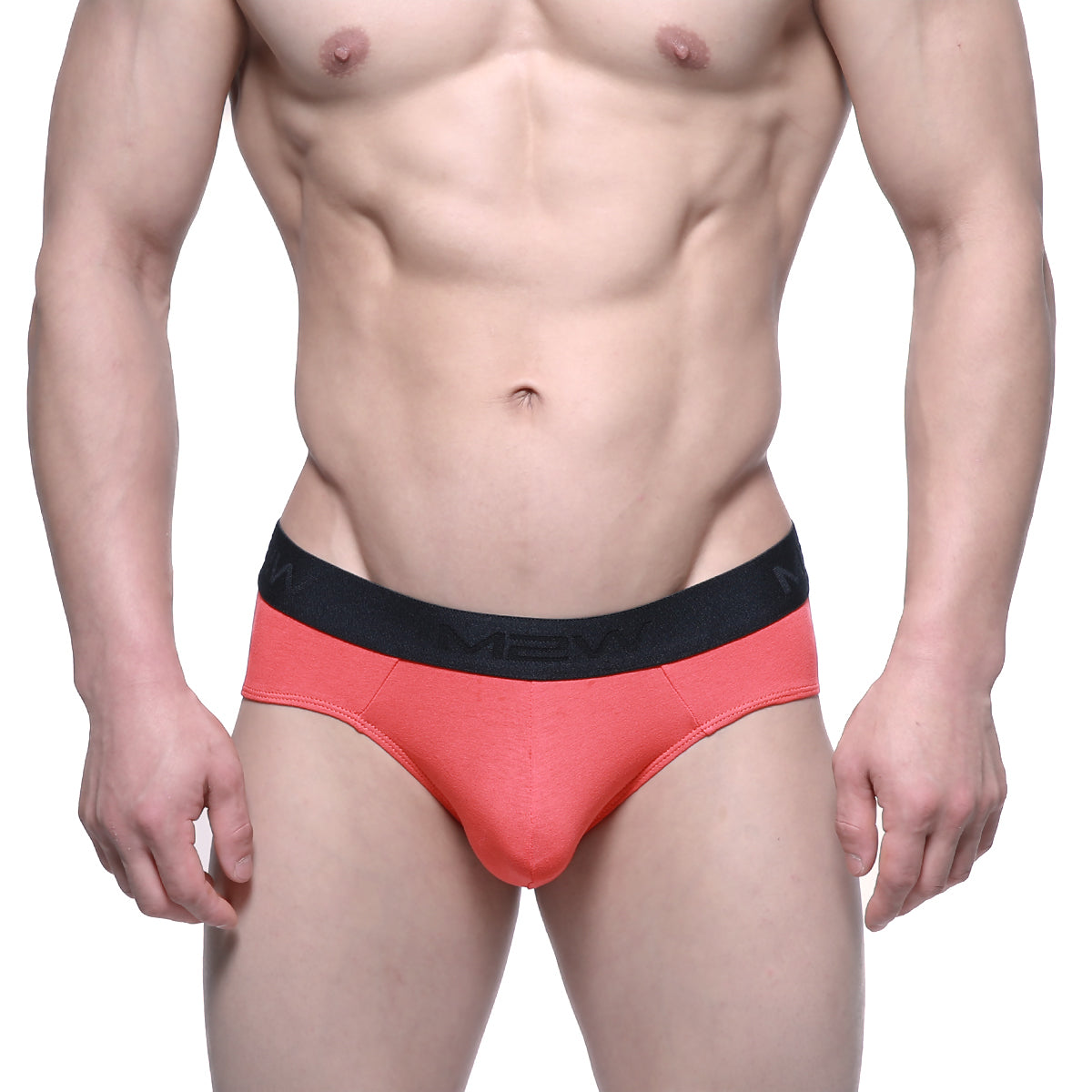 Coral cotton metro malewear hip briefs with black elastic waistband featuring the mev logo for comfortable daily wear