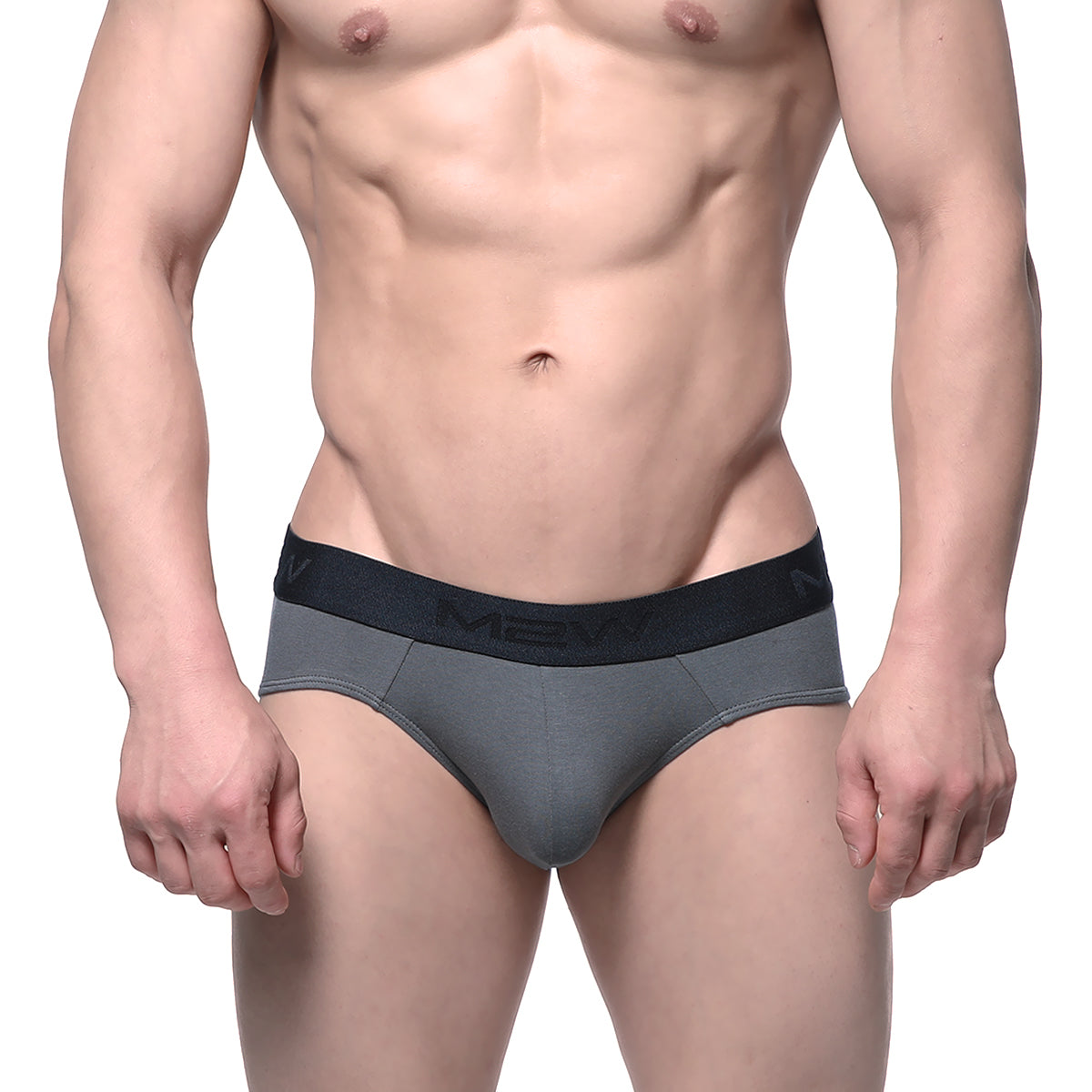 Gray mens cotton hip briefs with black elastic waistband featuring meny logo from metromalewear green 3006-26