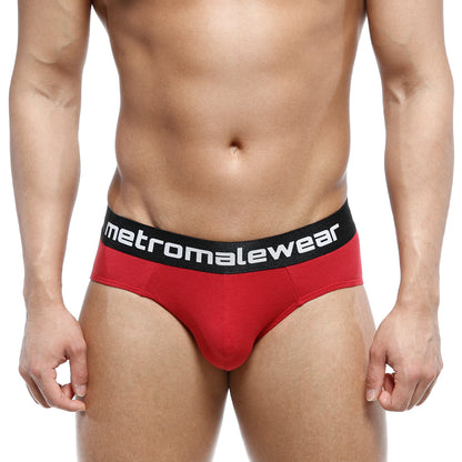 Red men’s cotton hip briefs terracotta with black waistband and metromalewear logo for comfortable daily wear
