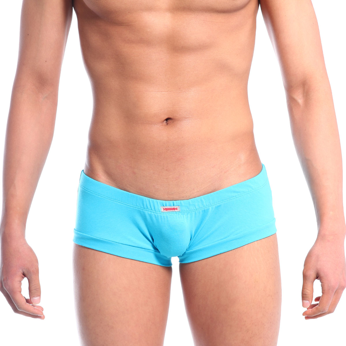 Bright turquoise MetroMaleWear Cotton Boxster Neo Blue 3010-08 men’s briefs with snug fit and red brand tag