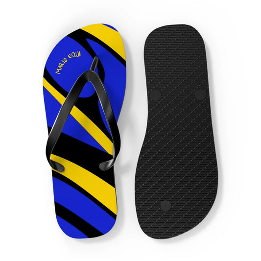 Blue and yellow patterned flip-flops with black straps and textured black sole by Maris Equi.