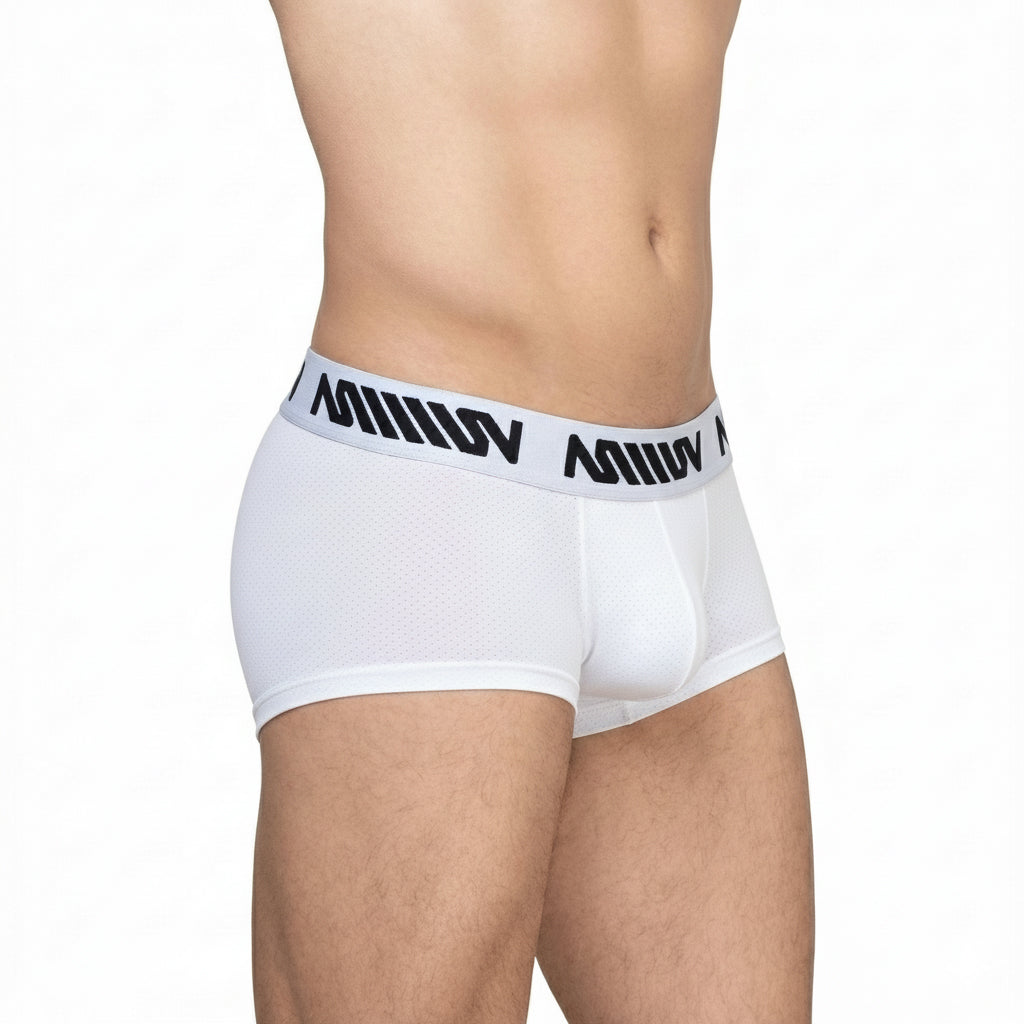 White metro malewear max short boxer briefs with black miiow logo waistband for comfortable everyday wear