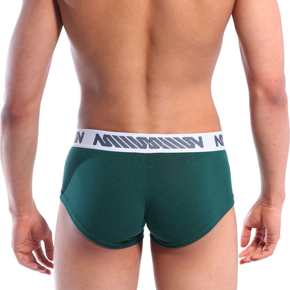 Dark green cotton pouch boxer briefs with white elastic waistband and gray geometric logo pattern by metromalewear