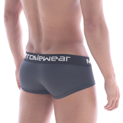 Dark gray form-fitting men’s briefs with black elastic waistband and white stromewear branding metroMalewear bulge boxer twilight 3013-09
