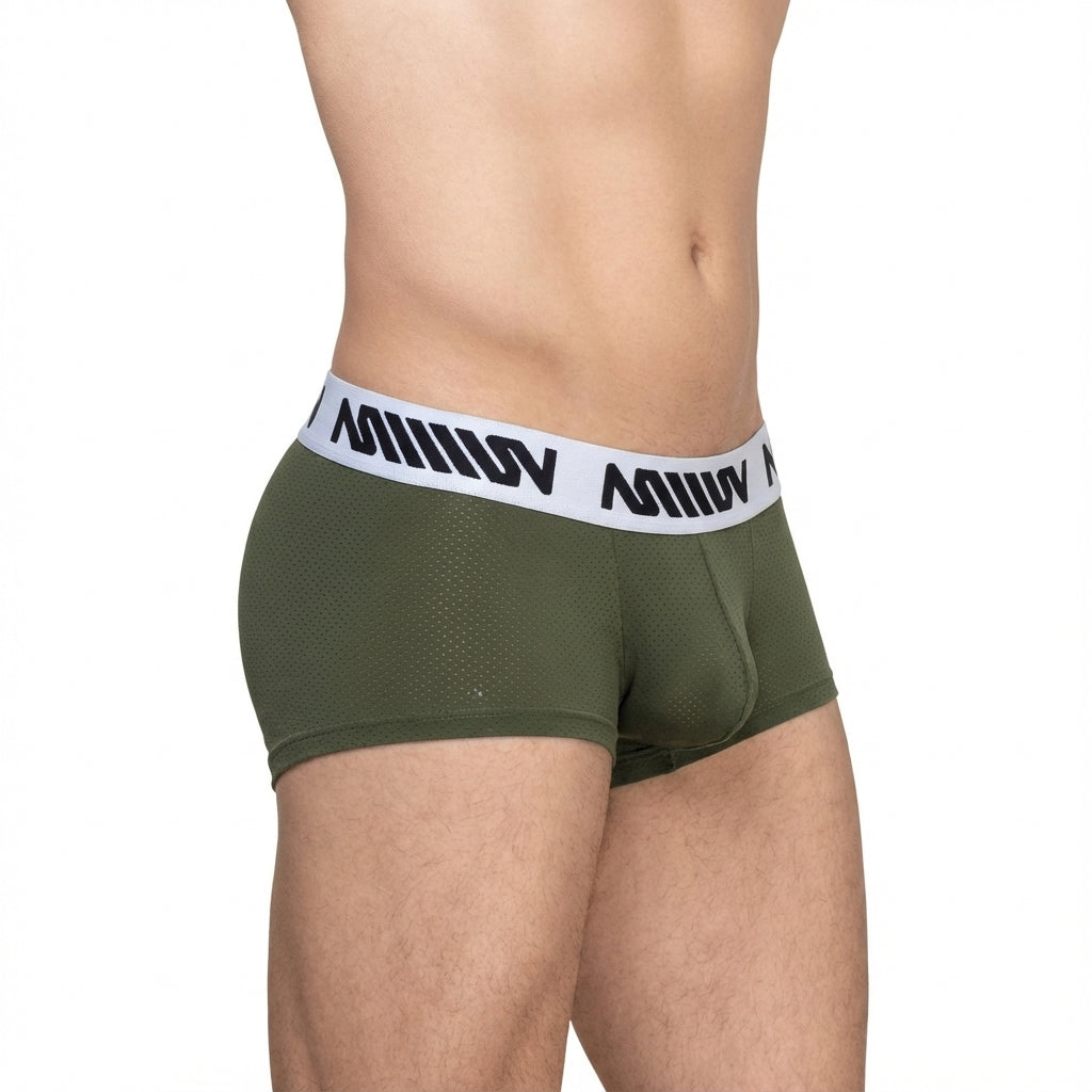 Olive green mesh metro male wear max short boxer briefs with white elastic waistband and black miiow branding