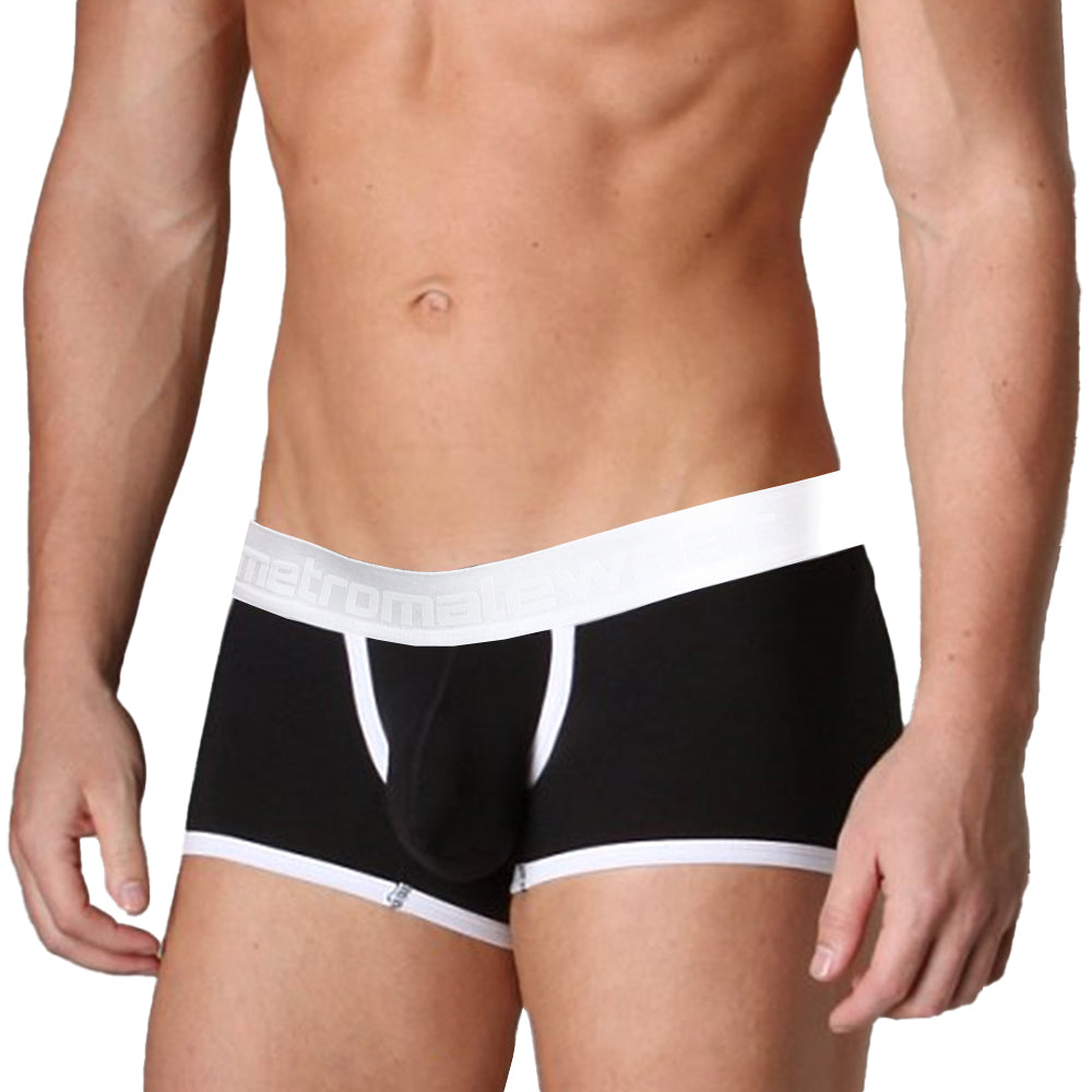 Black mens briefs metroMaleWear Max Boxer Contrast black with white elastic waistband and subtle metrome logo on side