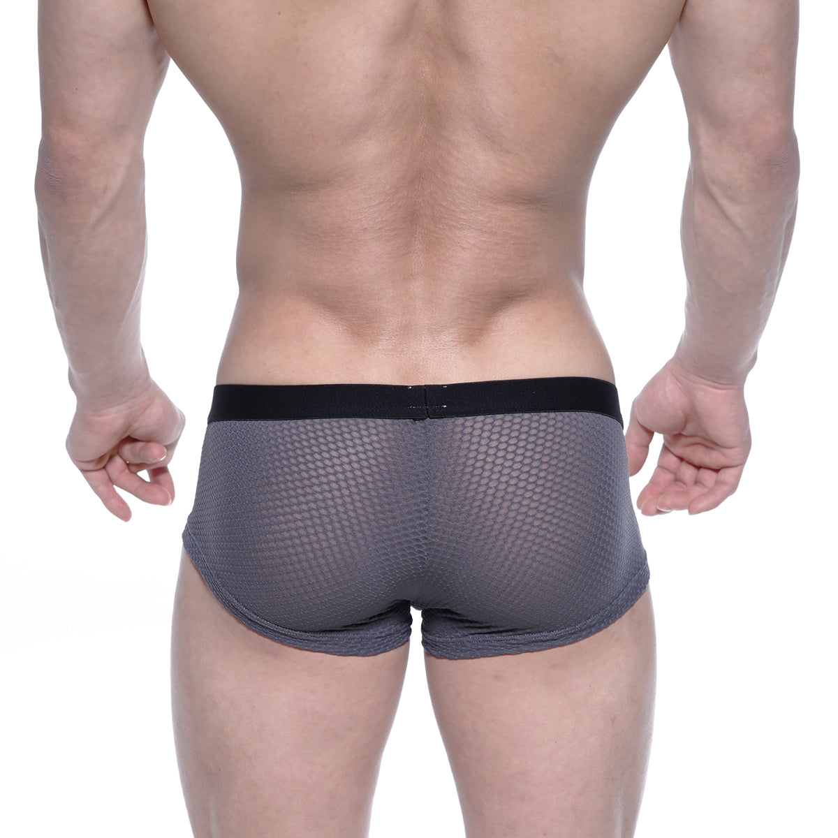 Gray mesh briefs with black elastic waistband metroMalewear bulge boxer 3013-72 showing front side