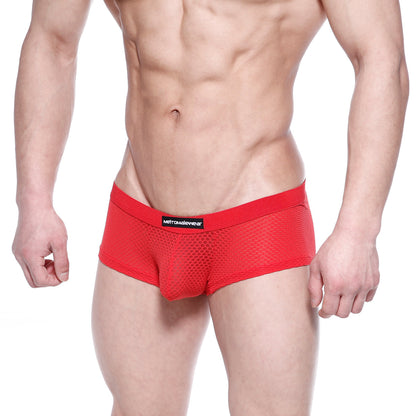 Red mesh briefs with a black waistband featuring the metomalewist brand label metroMaleWear bulge boxer 3013-73