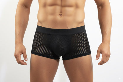 Black mesh boxer briefs with solid waistband from metromalewear max mesh boxer black 3013-75 for breathable comfort