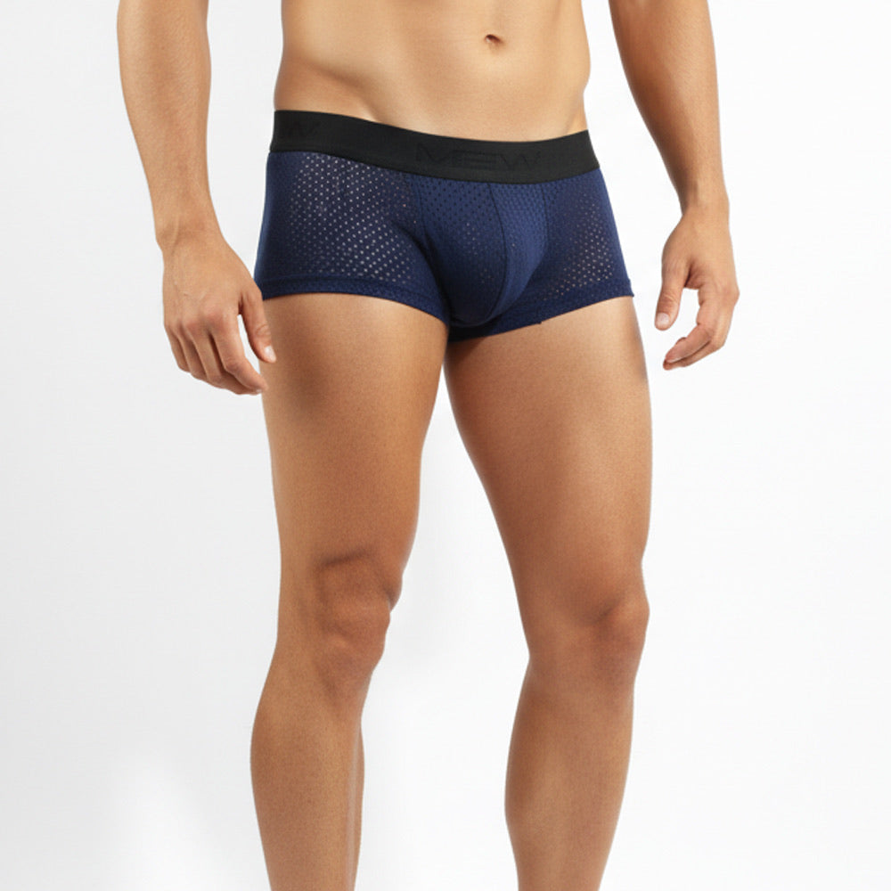 Navy blue mesh briefs with a black elastic waistband from metromalewear max mesh boxer 3013-76 collection