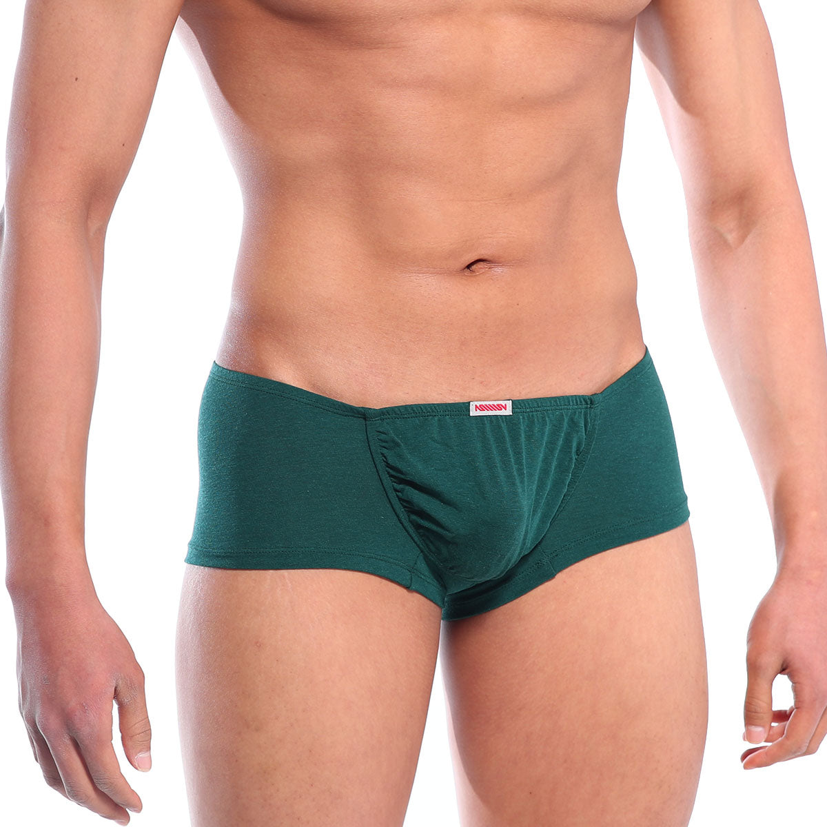 MetroMaleWear Bosillo short boxer in pine green with form-fitting textured fabric and red brand tag at waistband